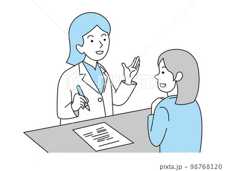 女性患者に治療の説明をしている女性医師 98768120