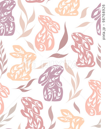 Vector seamless pattern with decorated rabbits and leaves. Texture with folk art hares and foliages in pastel colors on white background. 98768926