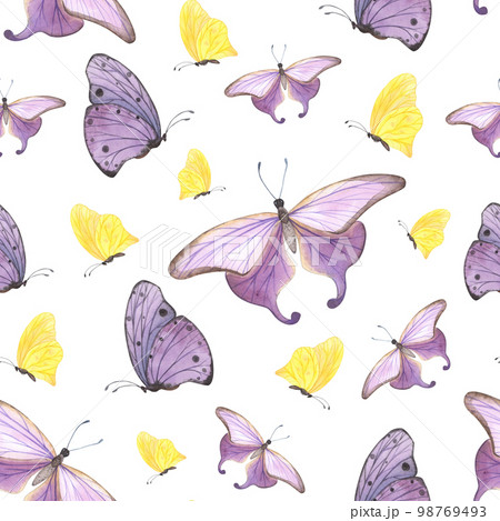 seamless pattern yellow and purple butterfly isolated on white. Watercolor hand drawn insect llustration for design 98769493