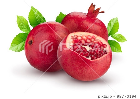 pomegranate fruit with leaves isolated on a white background 98770194