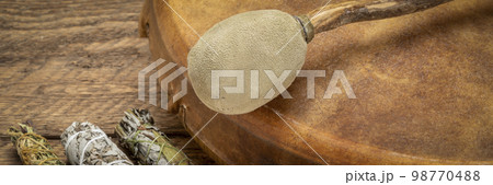 handmade, native American style, shaman frame drum with a beater and incense bundles handmade, native American style, shaman frame drum with a beater and incense bundles 98770488