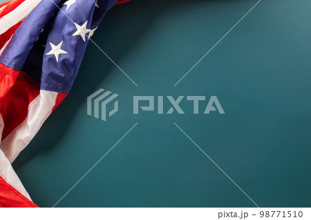 Above flag of United States American with copy space, Presidents Day, Top view USA flag for Memorial day on abstract blue background, Banner template design of presidents day concept 98771510