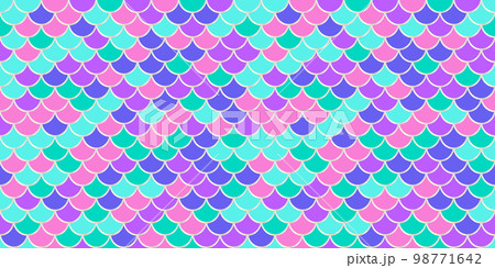 Mermaid scale background. Hologram unicorn iridescent pattern with gold. Fish tail wallpaper. Vector neon print. 98771642