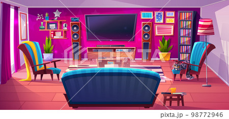 Living room with tv set, game console, furniture Living room with tv set, game console, furniture 98772946