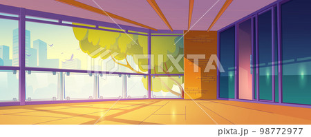 Empty home balcony interior with city view at dawn 98772977