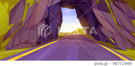 Cartoon road going through tunnel in mountainのイラスト素材 [98772989] - PIXTA