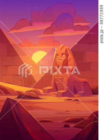 Egyptian desert, ancient sphinx sculpture, pyramid 98772999