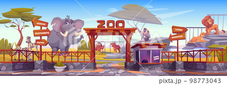 Zoo entrance gate and exotic African animals Zoo entrance gate and exotic African animals 98773043