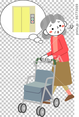 Senior woman looking for an elevator while pushing a silver car Senior woman looking for an elevator while pushing a silver car 98773089