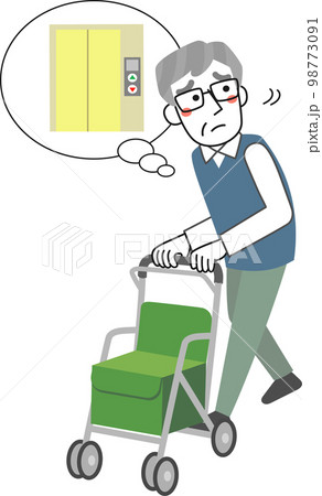 シルバーカーを押しながらエレベーターを探すシニア男性 98773091