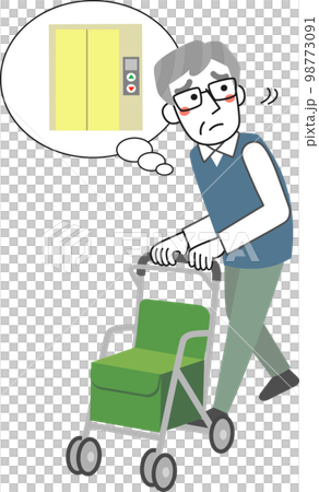 シルバーカーを押しながらエレベーターを探すシニア男性 98773091