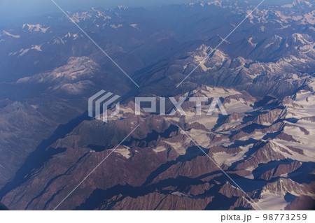 View from the plane to the surface of the earth with a mountain landscape of the Himalayas at Ladakh, India View from the plane to the surface of the earth with a mountain landscape of the Himalayas at Ladakh, India 98773259