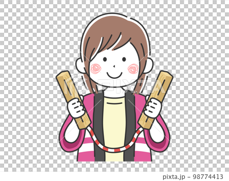 Illustration of a young woman beware of fire and beat the clappers 98774413