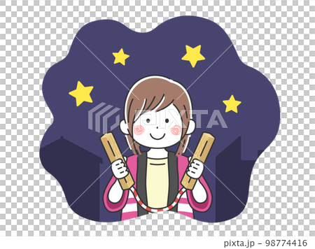 Illustration of a young woman watching out for fire at night Illustration of a young woman watching out for fire at night 98774416