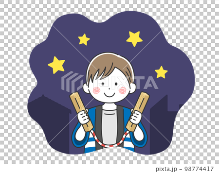 Illustration of a young man watching out for fire at night Illustration of a young man watching out for fire at night 98774417