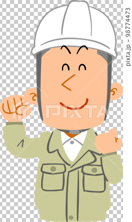 Upper body of a young man wearing work clothes and a helmet with a full smile 98774473