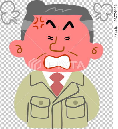 顔を紅潮させて怒る作業着の中年男性の上半身 98774496