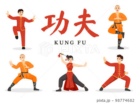 Kung Fu Illustration with People Showing Chinese Sport Martial Art in Flat Cartoon Hand Drawn for Web Banner or Landing Page Templates 98774682