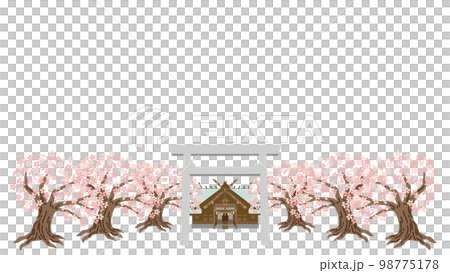 Illustration of a shrine with cherry blossom trees and a stone torii gate Illustration of a shrine with cherry blossom trees and a stone torii gate 98775178