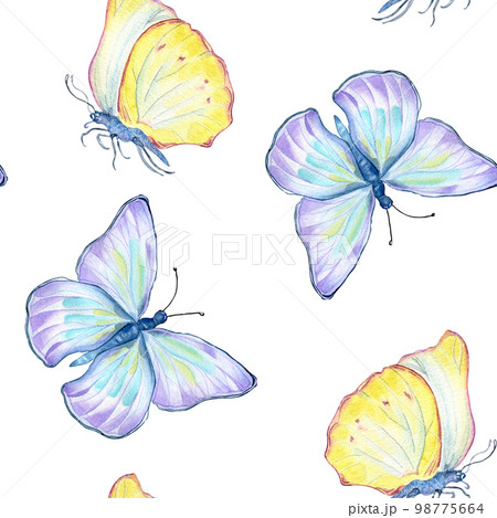 Meadow blue, yellow butterflies watercolor seamless pattern on white. 98775664