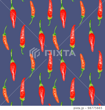 Tabasco hot peppers, capsicums watercolor seamless pattern isolated on blue. Tabasco hot peppers, capsicums watercolor seamless pattern isolated on blue. 98775665