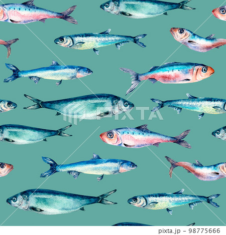 Sea fish horizontally seamless pattern watercolor isolated on blue. 98775666