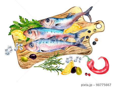 Composition of sardines on cutting board watercolor illustration isolated on white. 98775667