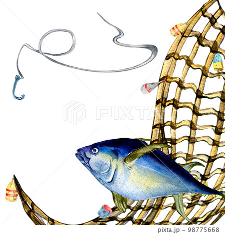 Composition of tuna and fishnet watercolor illustration isolated on white. Composition of tuna and fishnet watercolor illustration isolated on white. 98775668
