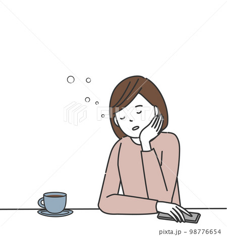 スマートフォンの使用中、うたた寝をする女性 98776654