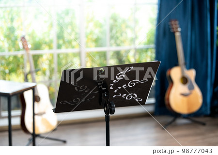 Young woman plays the universal musical instruments in room at home. Pretty young woman study to play musical instruments. Young woman plays the universal musical instruments in room at home. Pretty young woman study to play musical instruments. 98777043