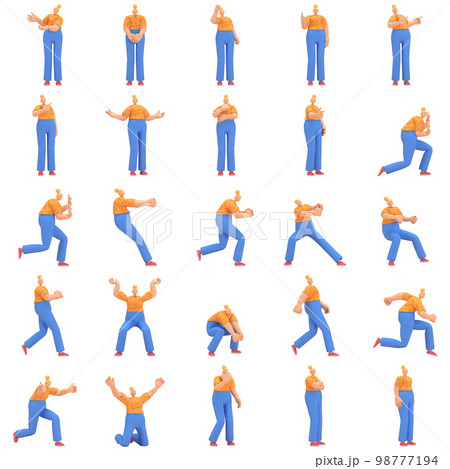 character woman orange shirt blue pants doing activities, 3d rendering 98777194
