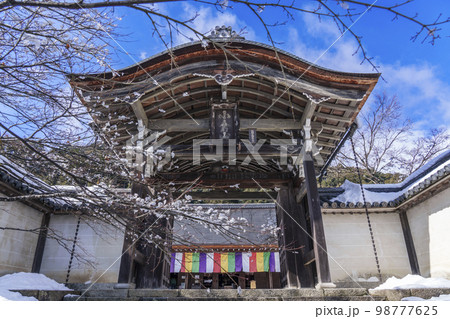 京都嵐山・二尊院 勅使門から見える本堂 雪景色 京都嵐山・二尊院 勅使門から見える本堂 雪景色 98777625