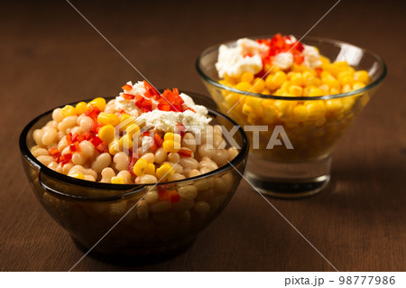Esquites with corn and white kidney beans and chili. Mexican street food 98777986