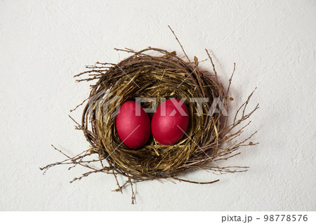 Big eggs in the bird's nest on a white background Big eggs in the bird's nest on a white background 98778576