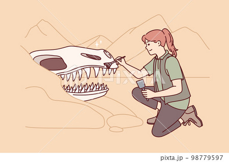 Woman archaeologist near giant dinosaur skull cleans head of ancient animal with brush. Vector image 98779597
