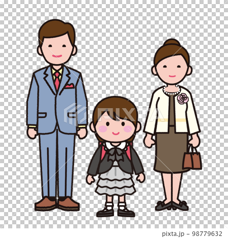 新一年生の女の子と両親・白バック 98779632