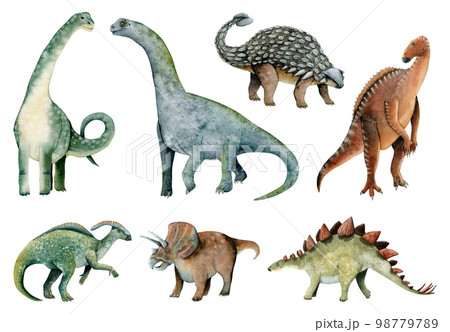 Watercolor herbivores dinosaurs illustrations,...のイラスト素材 [98779789] - PIXTA