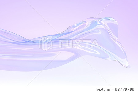 Flying iridescent glass ribbon or water wave 3d render. Holographic transparent shape with gradient texture in motion. Abstract crystal or plastic form on purple geometric background Flying iridescent glass ribbon or water wave 3d render. Holographic transparent shape with gradient texture in motion. Abstract crystal or plastic form on purple geometric background 98779799