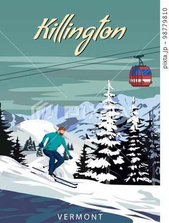 Travel resort Killington Ski poster vintage. Vermont USA winter landscape travel card 98779810