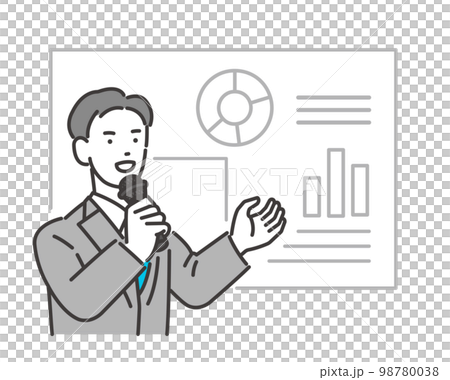 一位男性研討會講師用麥克風/商務/培訓/演示進行演示的矢量插圖素材 98780038