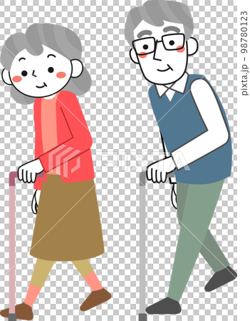 拄著拐杖走路的老年婦女和老年男子 98780123