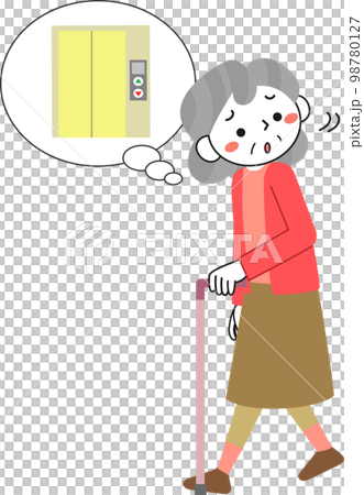 Senior woman walking with a cane while looking for an elevator Senior woman walking with a cane while looking for an elevator 98780127