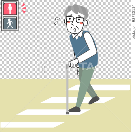 道路を渡り切れず信号が赤になって困っているシニア男性 98780134