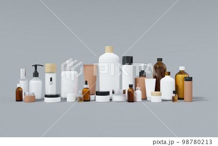 Group of different cosmetic bottles and jars 3D render Group of different cosmetic bottles and jars 3D render 98780213