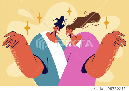 Smiling couple make hand gesture pose together Smiling couple make hand gesture pose together 98780252