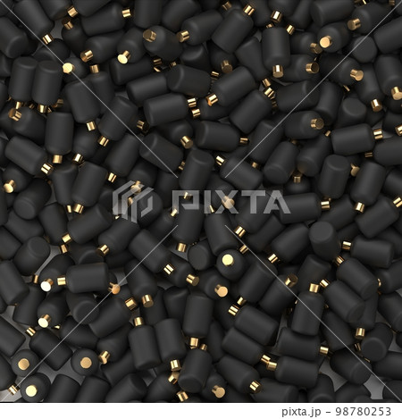 A lot of black plastic bottles, identical cosmetic packaging for shampoo and cream A lot of black plastic bottles, identical cosmetic packaging for shampoo and cream 98780253