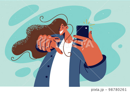Smiling woman photograph with cellphone point at screen Smiling woman photograph with cellphone point at screen 98780261