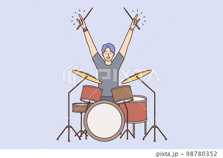 Man drummer member of youth rock band raise hands up starting concert 98780352