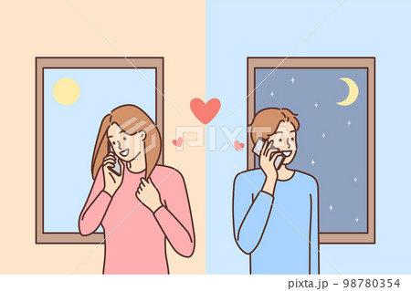 Man and woman in love are flirting on phone in different countries during trip Man and woman in love are flirting on phone in different countries during trip 98780354