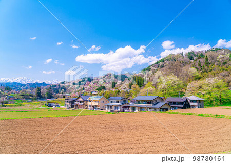 【春素材】里山の春・二反田の桜【長野県】 98780464